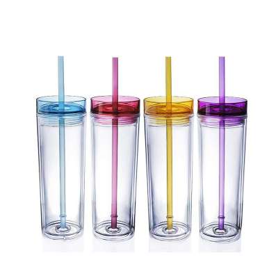 16 oz Double Wall Clear Plastic Skinny Tumblers Reusable Cup With Straw and lids